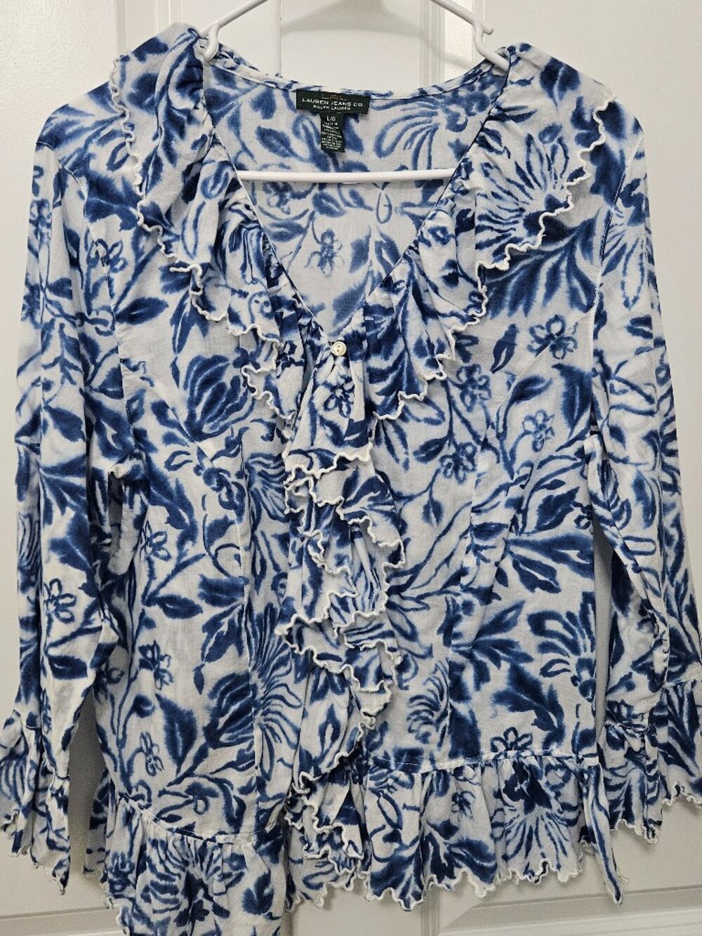 Lauren Ralph Lauren Women's Blue Floral Ruffle Blouse 100% Cotton Size L